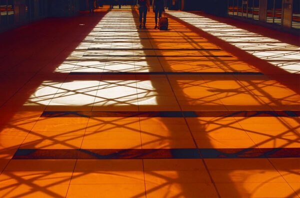 Sunlight casting striped shadows on a vibrant orange floor.